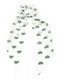 Scrunchi med et lille tørklæde - hvid med grønne hjerter